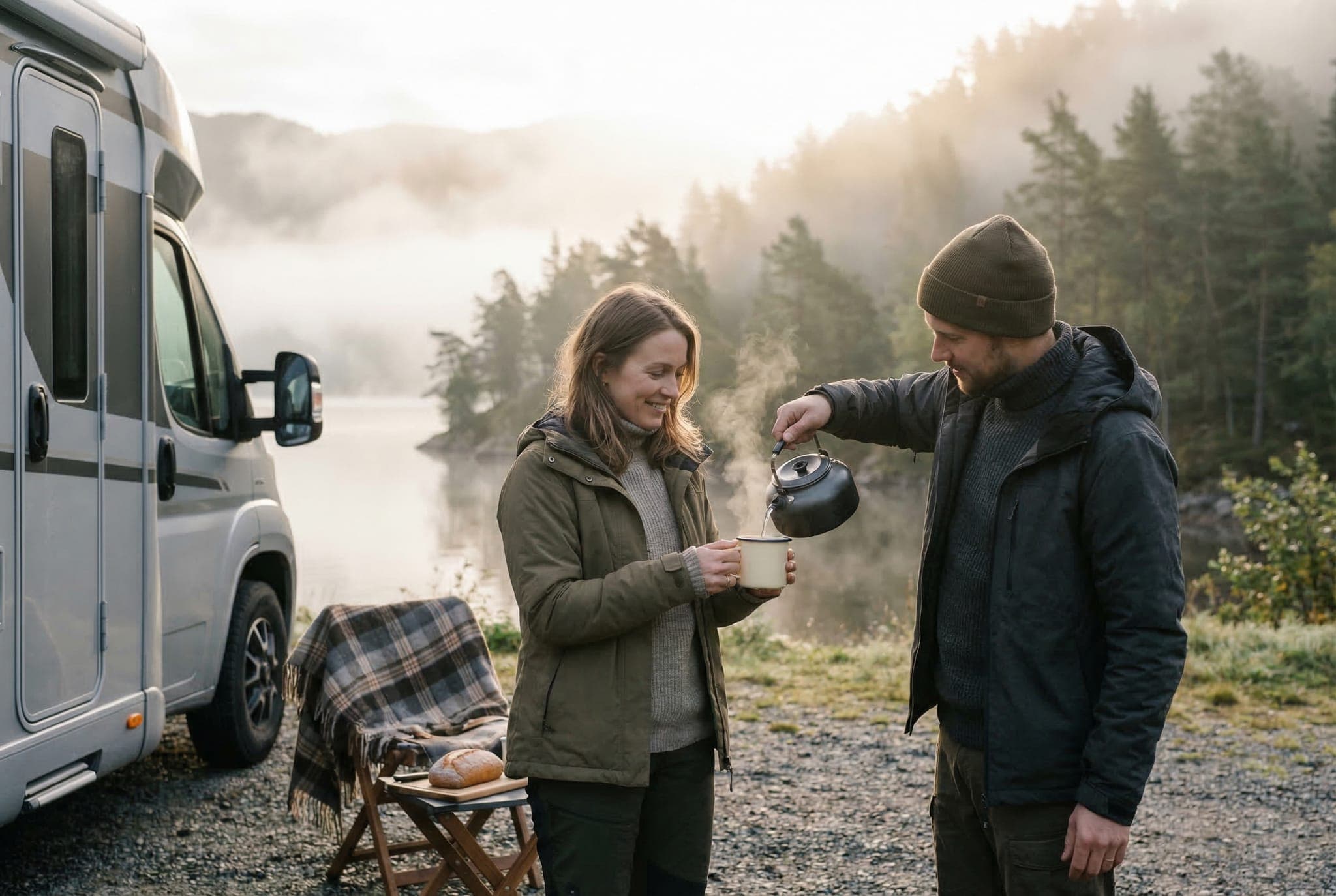 Par som dricker kaffe utanför husbil vid sjö i nordisk morgondimma